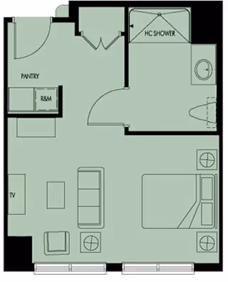 Floor plan of a residential unit showing a combined living and bedroom area with a bed, sofa, chair, TV, and two windows. There is a pantry and a room labeled R&M near the entrance. The bathroom includes a toilet, sink, and a handicap-accessible shower.