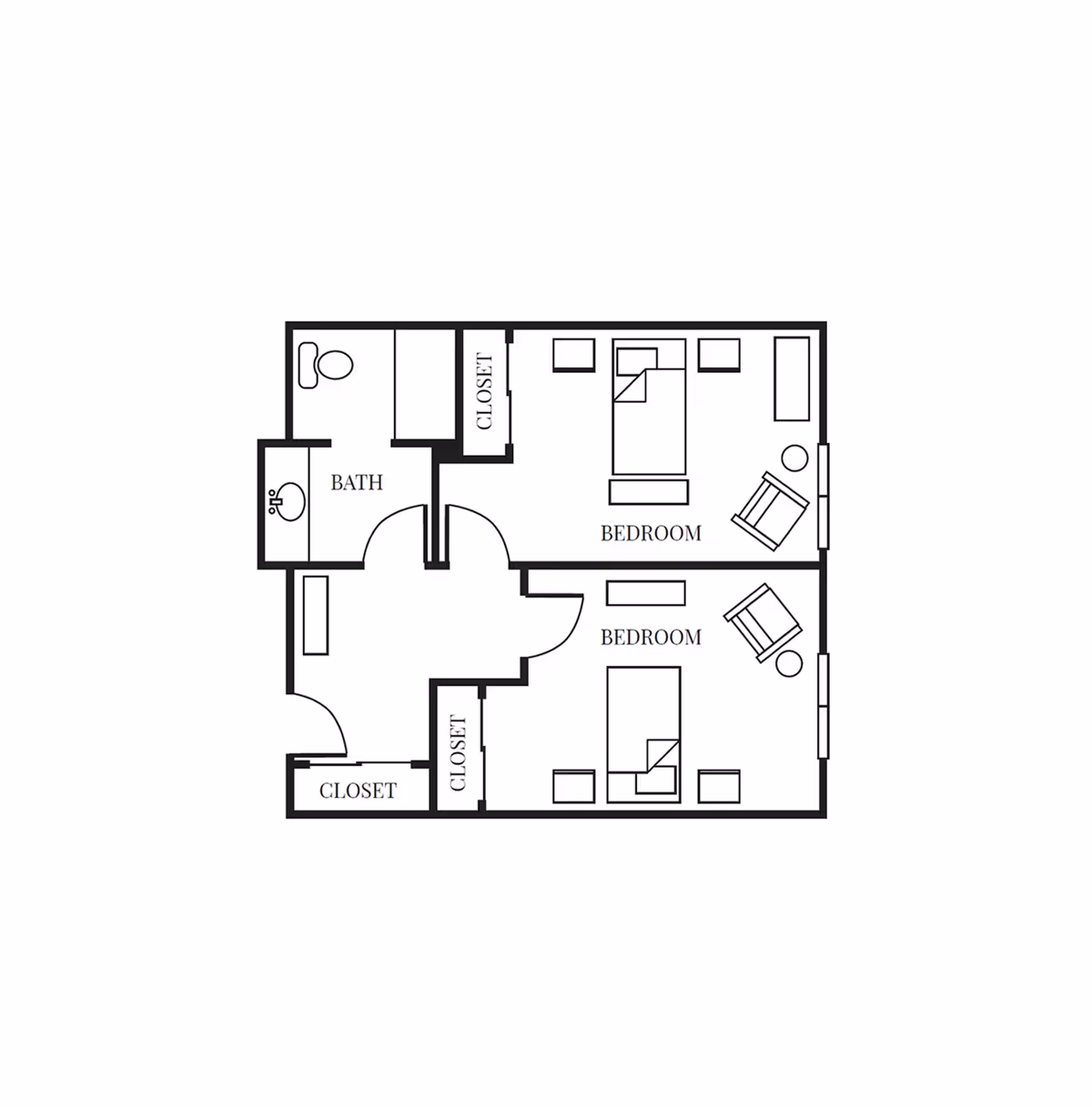 Floor plan layout showing two bedrooms, each with a bed, chairs, and small tables. There is a bathroom with a toilet and sink, and three closets in the layout.