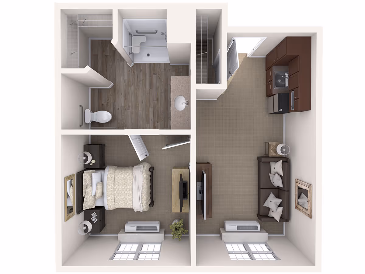 3D floor plan of a small apartment unit showing a bedroom with a bed, two nightstands, and a dresser, a bathroom with a toilet, sink, and shower, and a living room area with a sofa, TV, and kitchenette with cabinets, sink, and appliances.