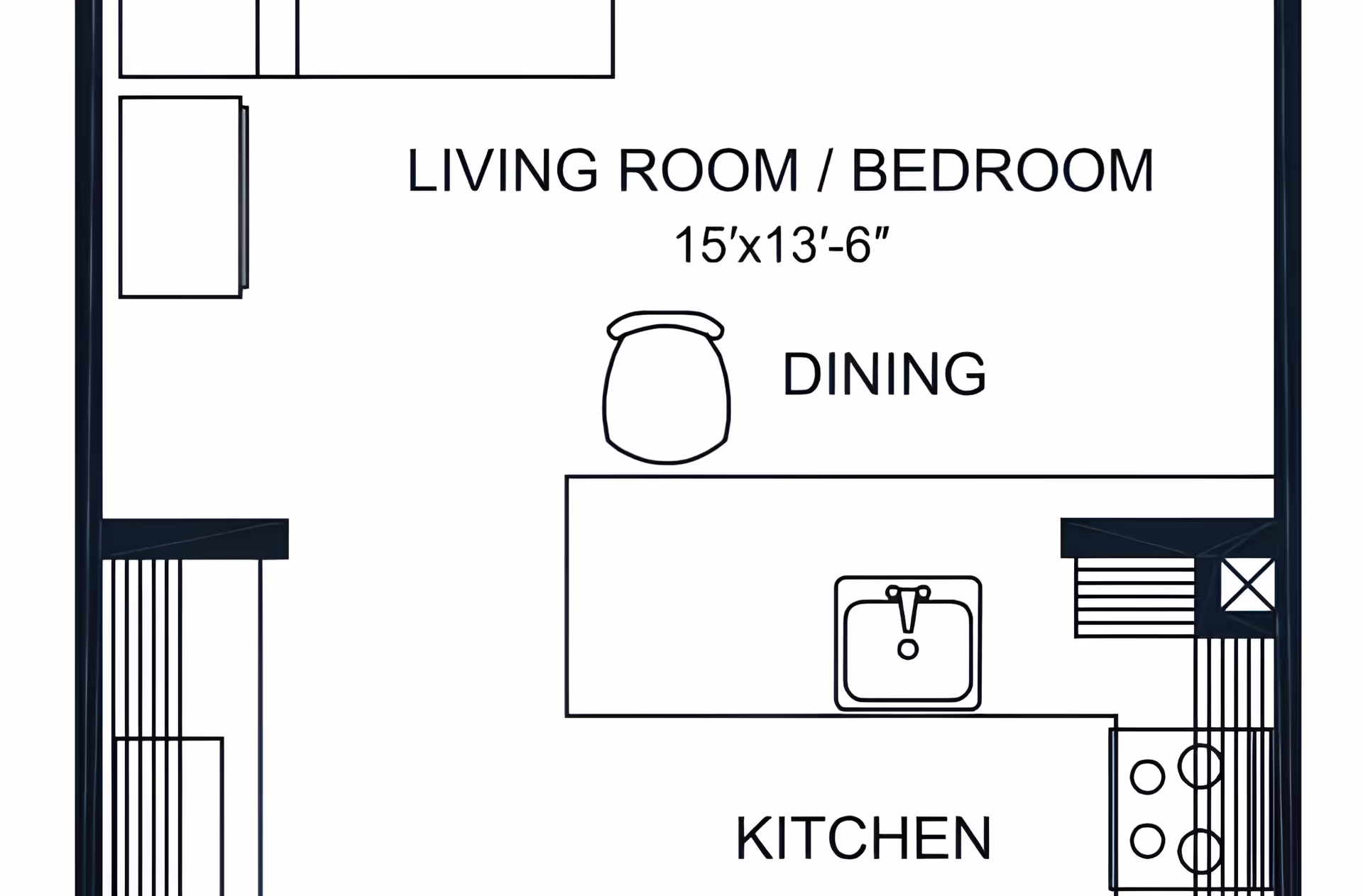 Architectural floor plan showing a combined living room and bedroom area measuring 15 feet by 13 feet 6 inches, adjacent to a dining area and kitchen with a sink and stove.