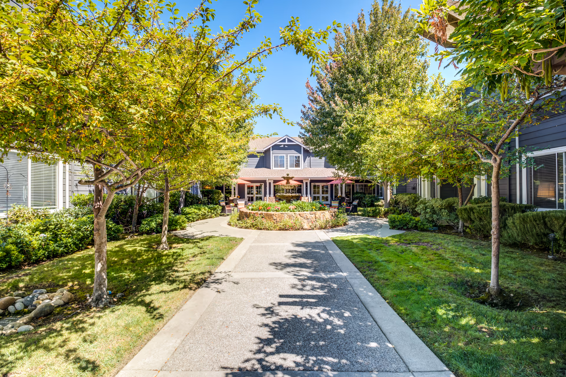 Tree-lined courtyard walkway leading to the entrance of a senior living building with a central planter and seating.