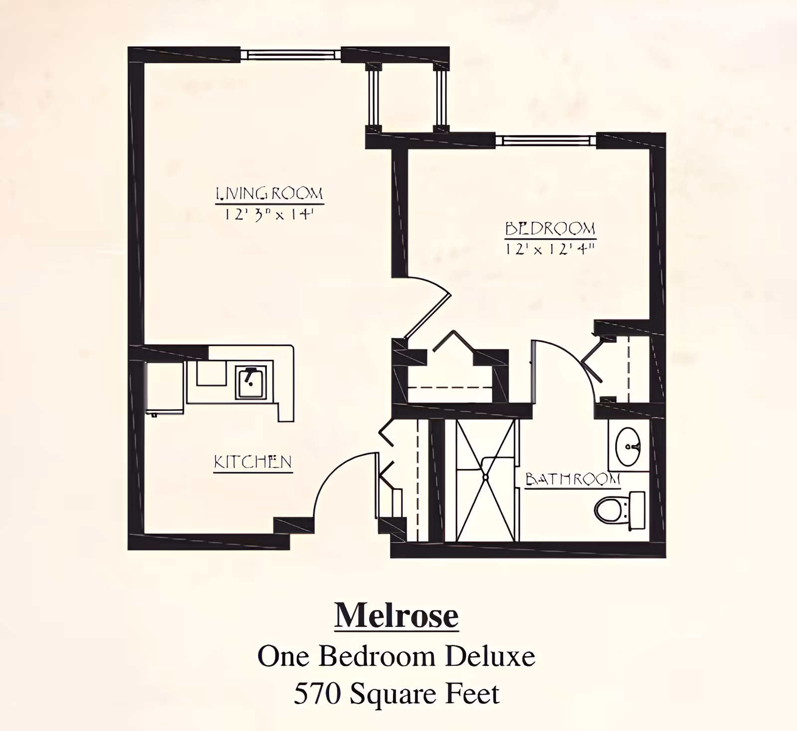 Floor plan layout of the Melrose one bedroom deluxe apartment with 570 square feet, showing a living room, kitchen, bedroom, and bathroom with dimensions.