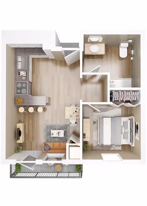3D floor plan of a one-bedroom apartment featuring a kitchen with a stove, sink, and counter with three bar stools, a living room with a sofa, coffee table, and TV, a dining area with a small table and two chairs, a bedroom with a bed and closet, a bathroom with a sink, toilet, and bathtub, and a balcony with outdoor seating.