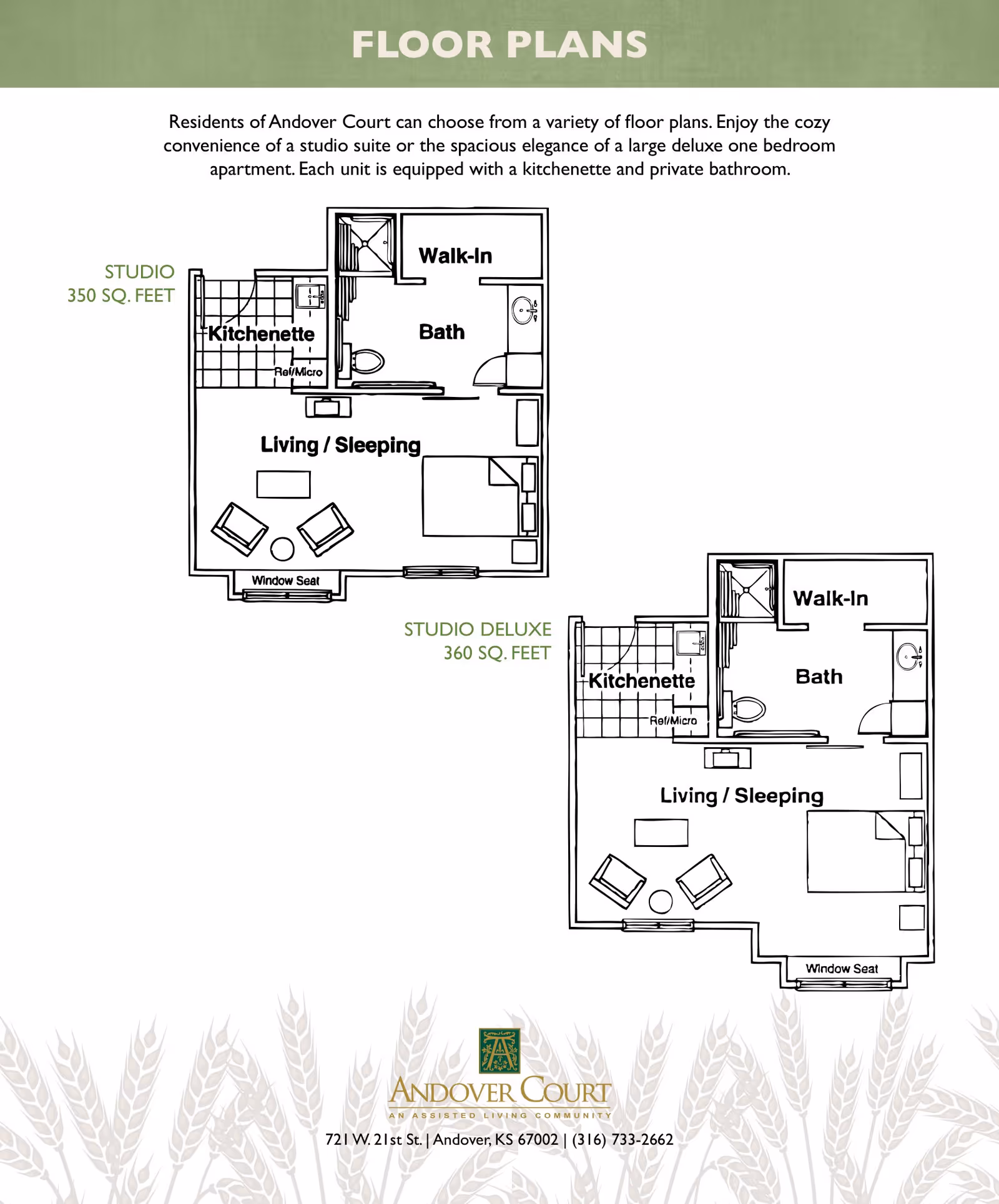 Floor plans for Andover Court showing two studio apartment layouts. The first is a 350 square feet studio with a kitchenette, living/sleeping area, bath, and walk-in closet. The second is a 360 square feet studio deluxe with a kitchenette, living/sleeping area, bath, and walk-in closet. Both layouts include a window seat and are equipped with a kitchenette and private bathroom.