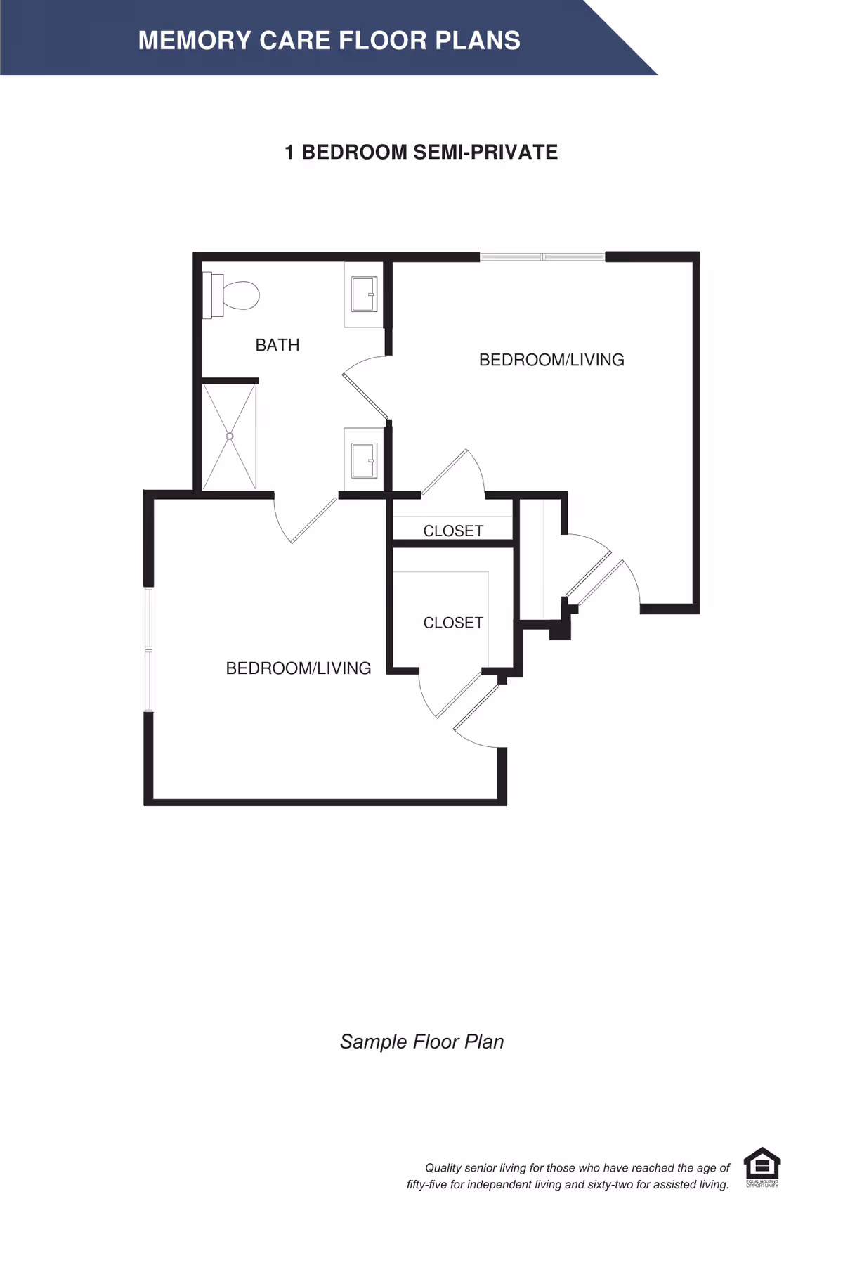 Floor plan labeled Memory Care Floor Plans for a 1 Bedroom Semi-Private unit, showing two bedroom/living areas, a bath with toilet and sink, and two closets.