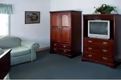 A living room area with a light green upholstered armchair, a wooden armoire, and a wooden dresser with an older model television on top. There is a framed picture on the wall and a small window with a green valance curtain. A plant is placed on top of the armoire.