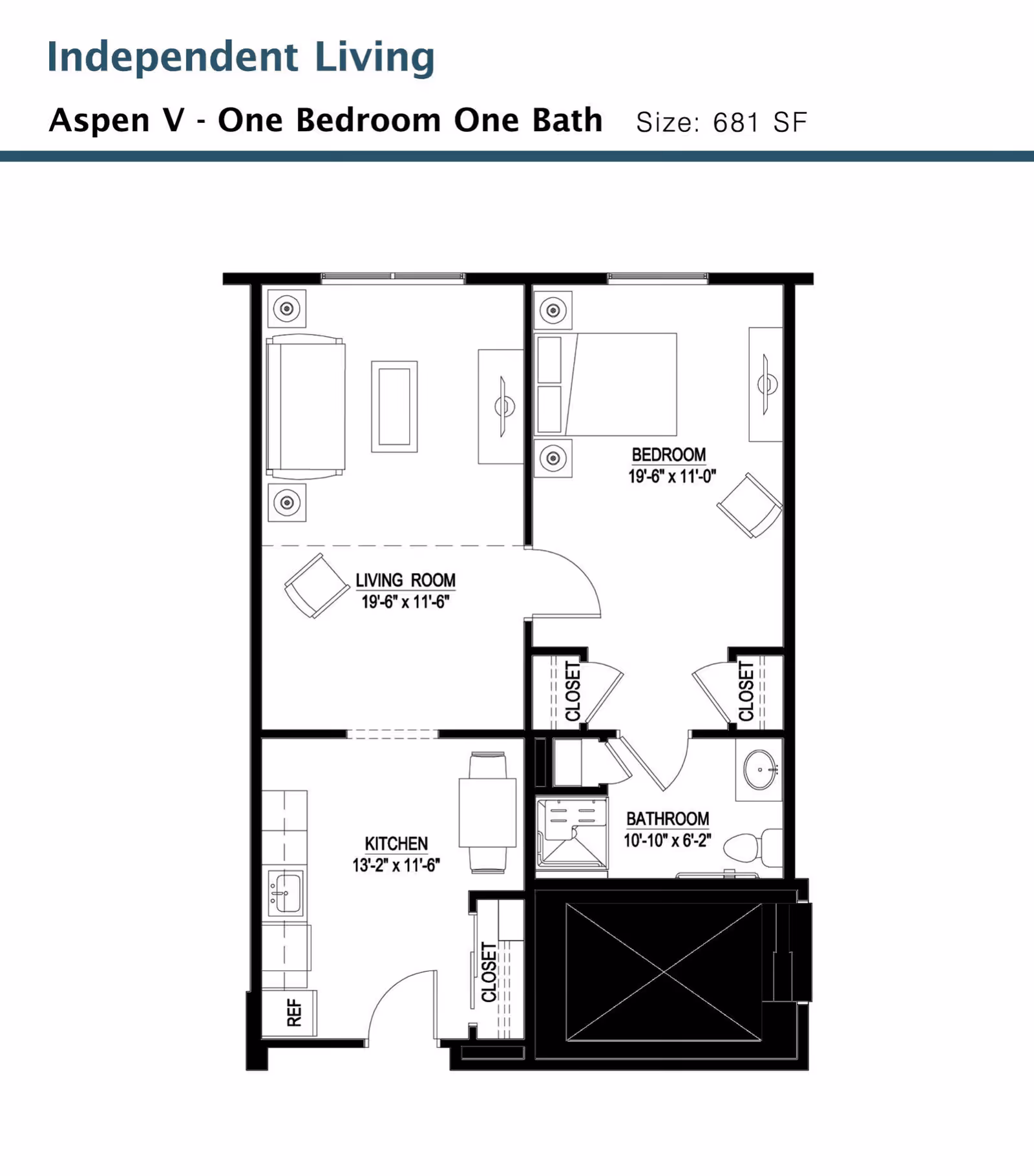 Floor plan for Monarch Southbury Independent Living Aspen V unit featuring one bedroom and one bathroom with a total size of 681 square feet. The layout includes a living room measuring 19 feet 6 inches by 11 feet 6 inches, a bedroom measuring 19 feet 6 inches by 11 feet, a kitchen measuring 13 feet 2 inches by 11 feet 6 inches, and a bathroom measuring 10 feet 10 inches by 6 feet 2 inches. The plan also shows closets in the bedroom and near the kitchen and bathroom.