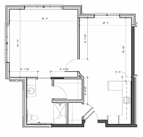 Architectural floor plan of a living space showing a bedroom, bathroom with toilet and shower, and a kitchen area with a sink and counter space. Dimensions are marked for each section.