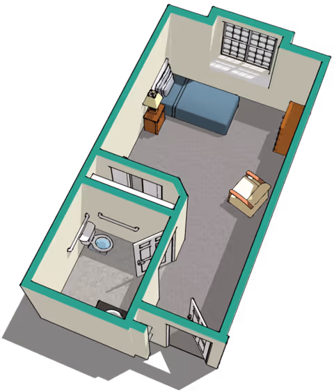 3D rendered floor plan of a studio-style room with a bed, nightstand, dresser, armchair, and an attached bathroom with a toilet and grab bar.