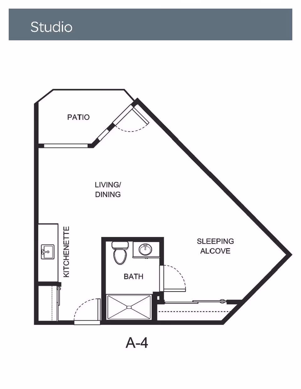 Architectural floor plan of a studio apartment at Holiday Crescent Heights, showing a patio, living/dining area, kitchenette, bath, and sleeping alcove labeled A-4.