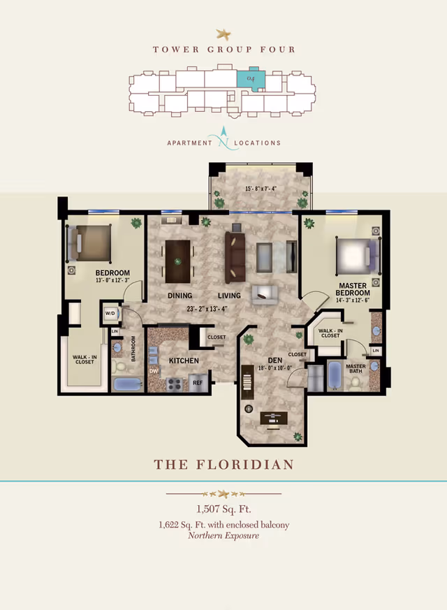 Floor plan of The Floridian apartment in Tower Group Four, showing two bedrooms including a master bedroom with walk-in closet and master bath, a den, a living and dining area, a kitchen, a bathroom, and an enclosed balcony. The layout includes dimensions for each room and indicates closet and laundry locations.