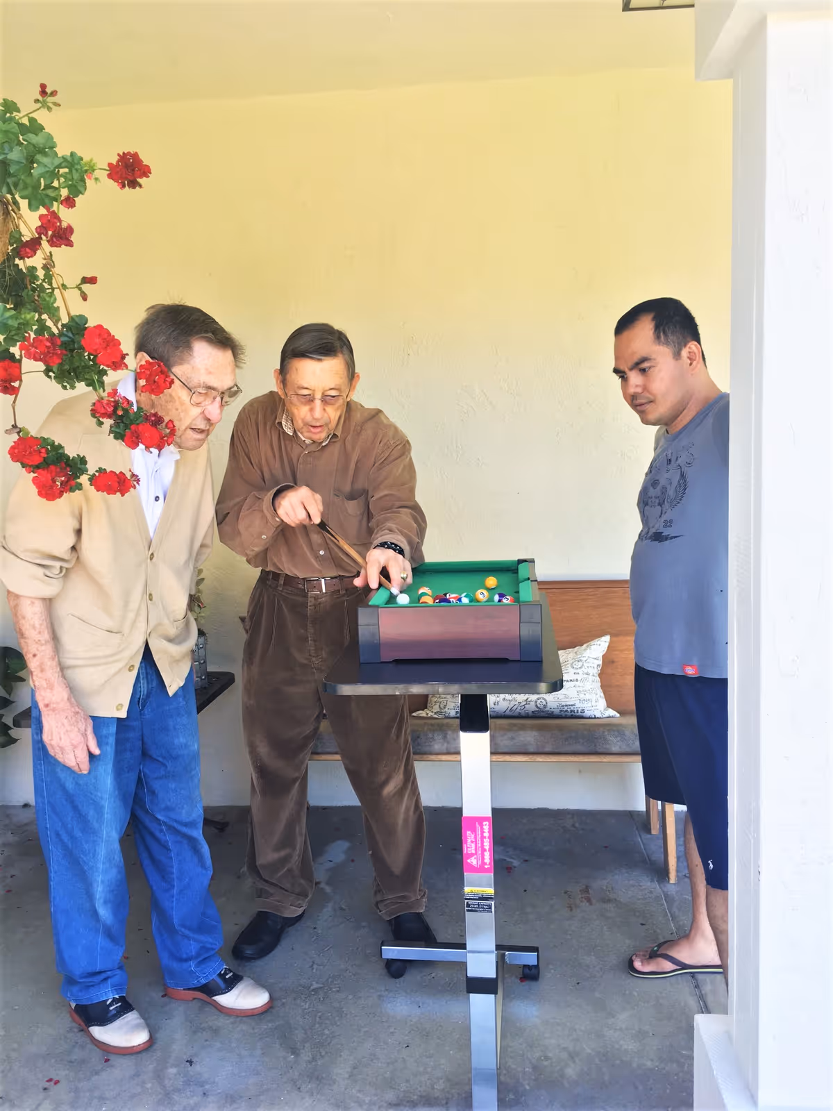 Three men playing a small tabletop pool game in a covered outdoor area with a bench and decorative pillows in the background. One man is taking a shot while the other two watch. There is a flowering plant with red flowers on the left side.