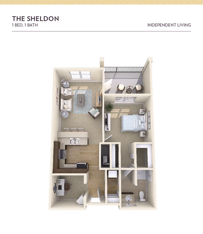3D floor plan of The Sheldon, a 1 bedroom, 1 bathroom independent living apartment. The layout includes a living room with sofa and chair, a kitchen with appliances and counter seating, a bedroom with a bed and nightstands, a bathroom with a shower and toilet, a small office area, and a balcony with outdoor seating.