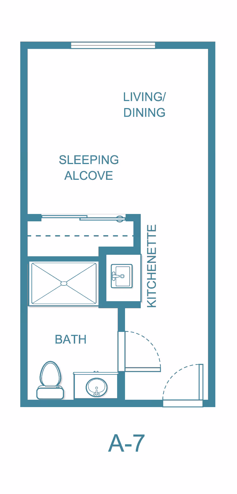 Floor plan layout of a studio apartment labeled A-7 at Ventura Place - Sky Active Living, showing areas for living/dining, sleeping alcove, kitchenette, and a bathroom with a toilet, sink, and shower.