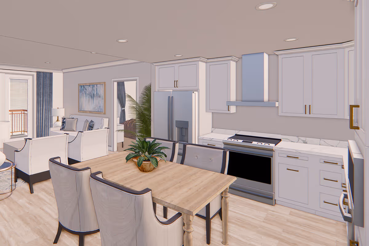 A modern open-concept kitchen and living area featuring light wood flooring, white cabinetry with gold handles, a stainless steel refrigerator, stove, and range hood. A wooden dining table with four upholstered chairs is in the foreground, and a green potted plant is centered on the table. The living area has white armchairs, a side table with a lamp, blue curtains, and a framed abstract painting on the wall.
