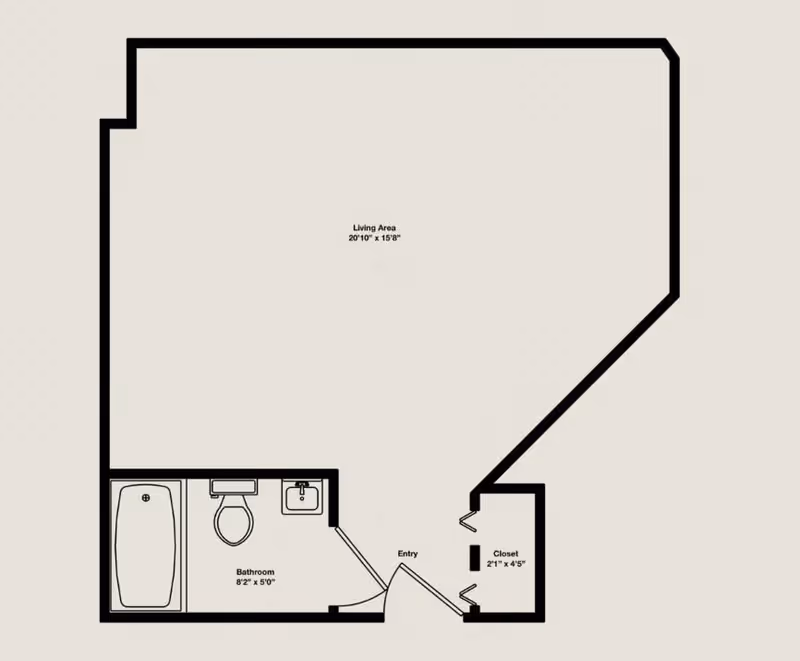 Floor plan of a living space at Independence Court of Quakertown showing a living area measuring 20 feet 10 inches by 15 feet 8 inches, a bathroom measuring 8 feet 2 inches by 5 feet 0 inches with a bathtub, toilet, and sink, an entry area, and a closet measuring 2 feet 1 inch by 4 feet 5 inches.