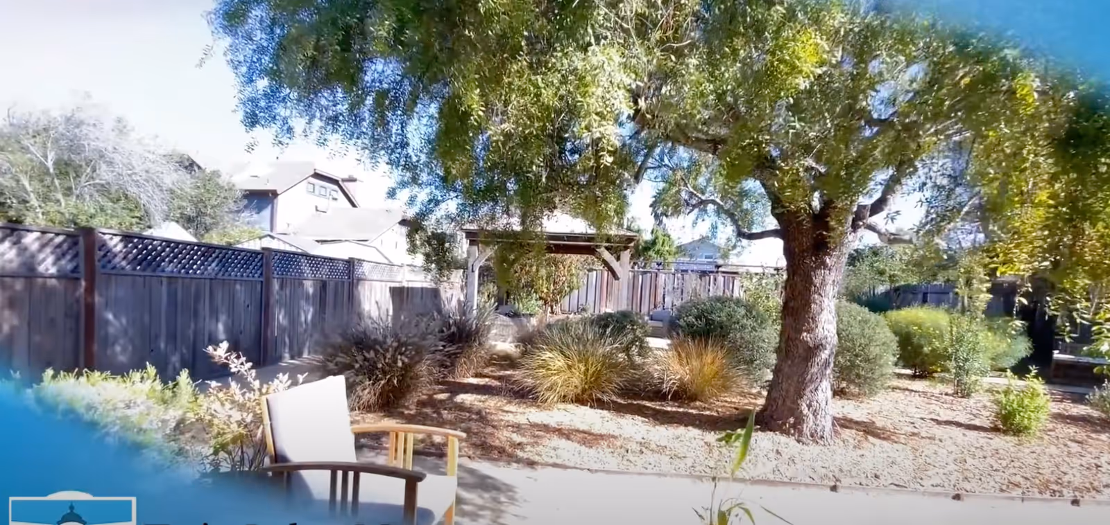 A sunny outdoor garden area with a large tree providing shade, surrounded by various bushes and plants. There is a wooden fence in the background and a wooden pergola structure further back. A single chair with light-colored cushions is partially visible in the foreground.