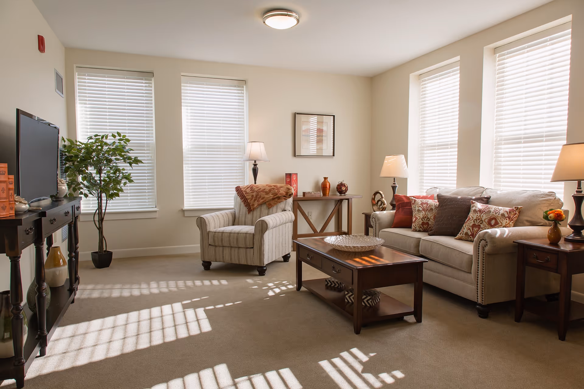 A bright and cozy living room with beige walls and carpet. The room features a beige sofa adorned with patterned and solid throw pillows, a striped armchair with a throw blanket, a wooden coffee table with a decorative tray, and two side tables each with a lamp. There is a TV on a dark wooden stand, a potted plant, and three large windows with white blinds letting in natural light.