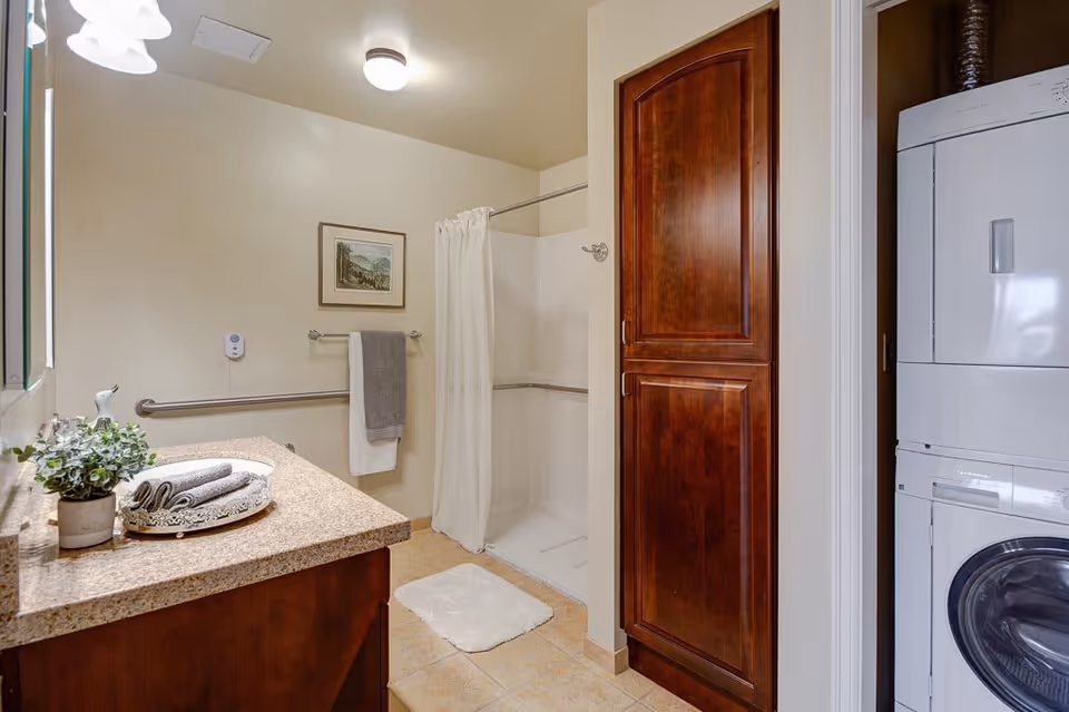 A clean and well-lit bathroom featuring a granite countertop with a plant and neatly rolled towels on a tray. There is a walk-in shower with a white curtain, a towel rack with two towels, a framed picture on the wall, and a stacked washer and dryer unit next to a wooden cabinet.