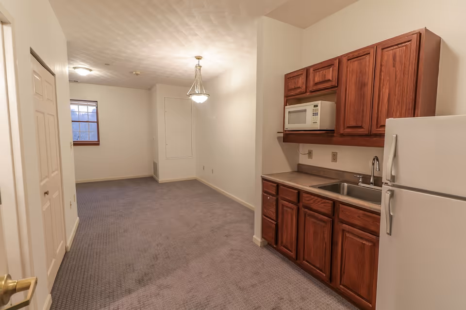Carpeted studio room with a kitchenette featuring wooden cabinets, a microwave, sink, and refrigerator and an adjacent open living area.
