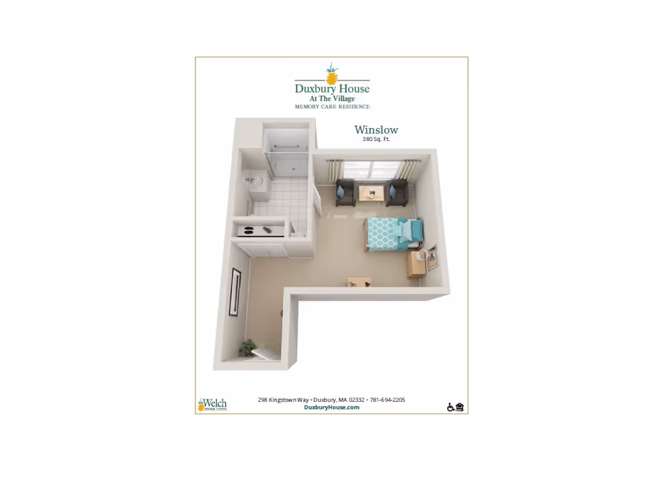 3D floor plan of a memory care residence unit named Winslow at Duxbury House, featuring a small living area with two chairs and a table, a bed with nightstand, a bathroom with shower and sink, and an entry area with closet space.