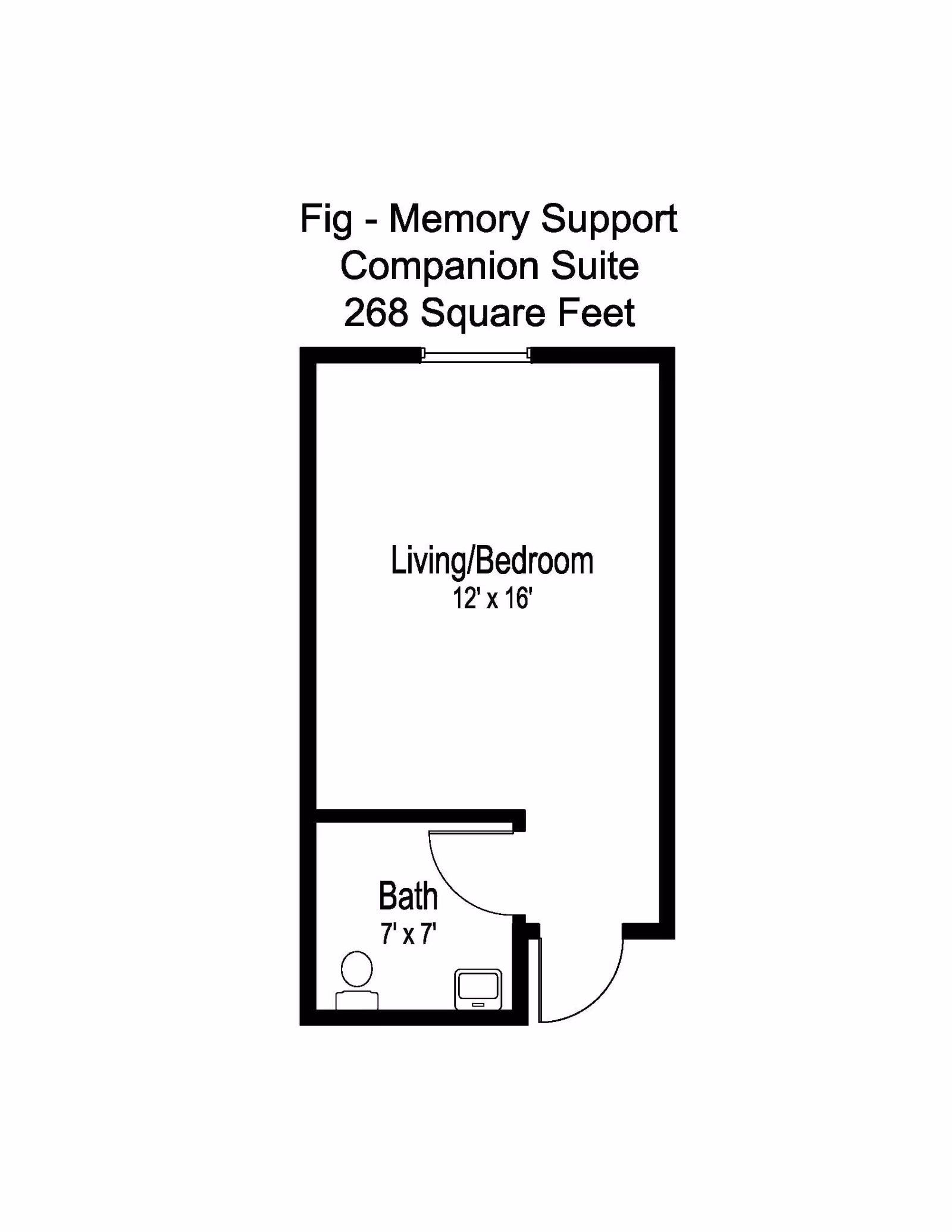 Floor plan of a Memory Support Companion Suite at Fellowship Square Historic Mesa, showing a living/bedroom area measuring 12 feet by 16 feet and a bathroom measuring 7 feet by 7 feet, totaling 268 square feet.