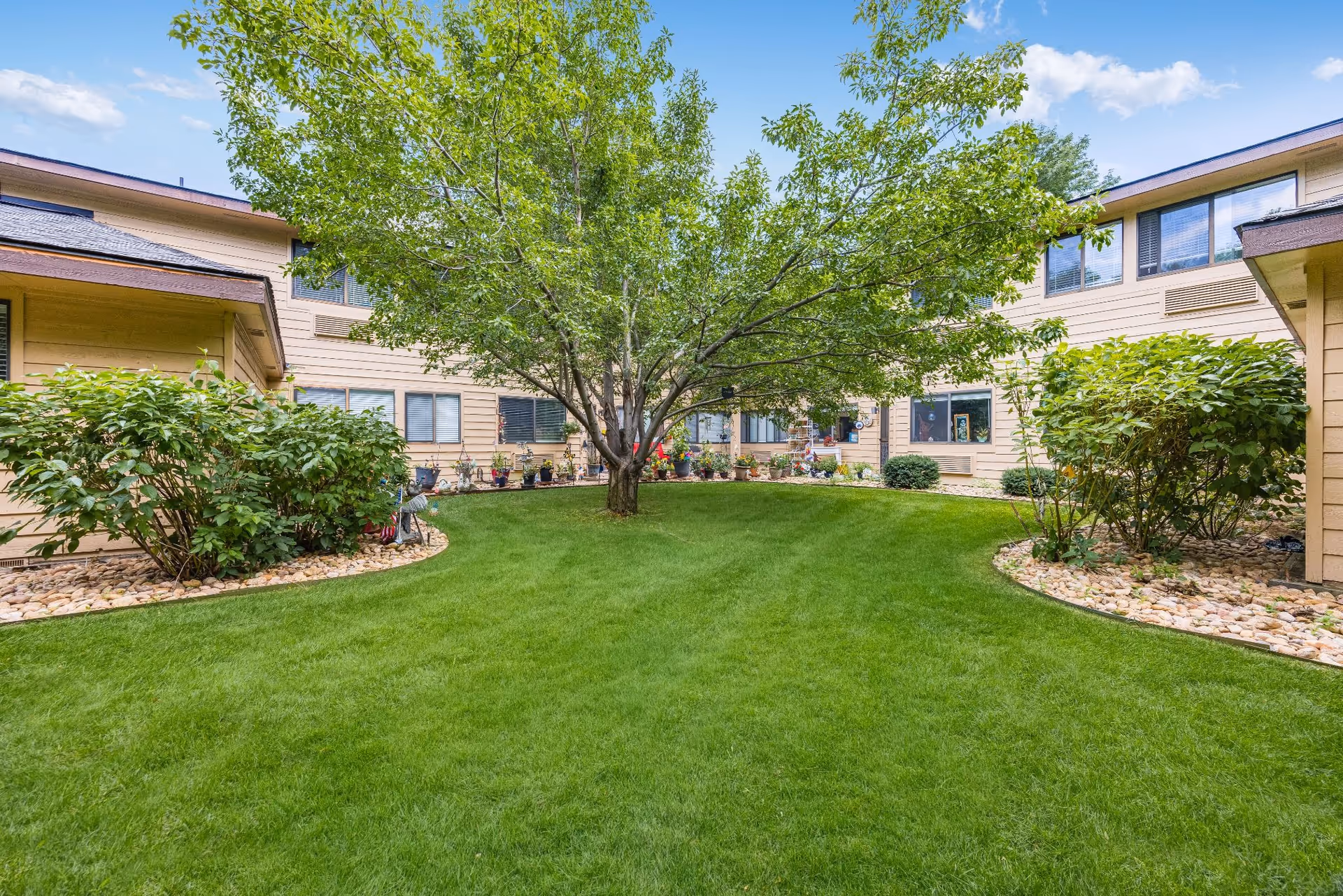 A green courtyard with a central tree and manicured lawn surrounded by a two-story beige senior living building.