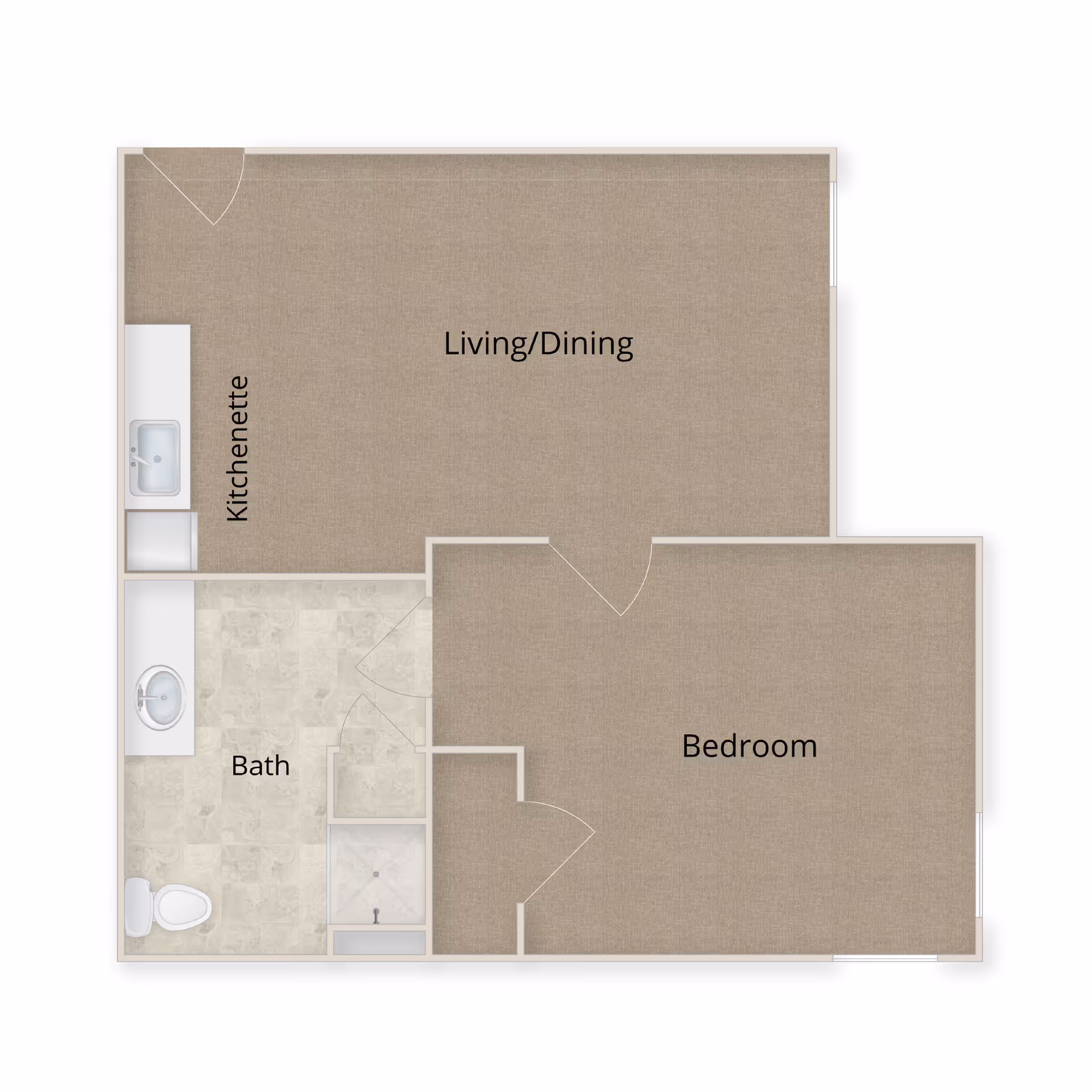 Floor plan of a senior living unit showing a bedroom, a combined living and dining area with a kitchenette, and a bathroom with a sink, toilet, and shower.