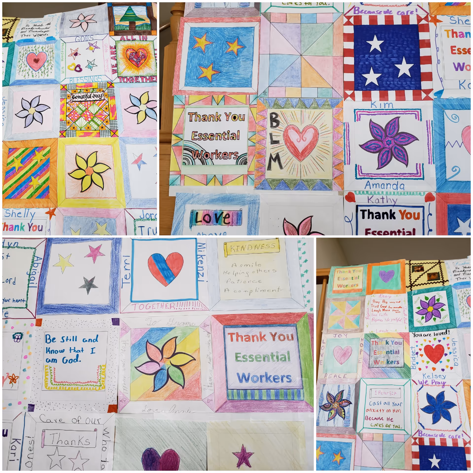 A wall display of colorful hand-drawn quilt-style squares and thank-you notes honoring essential workers.