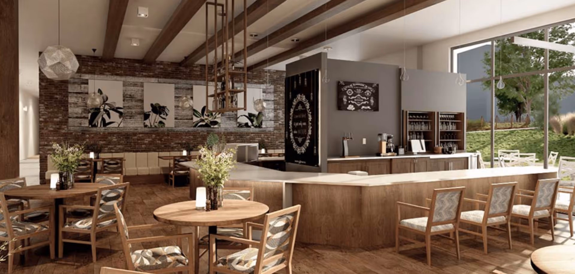 Sunlit dining and lounge area with wooden tables and chairs surrounding a central service counter and large windows overlooking greenery.