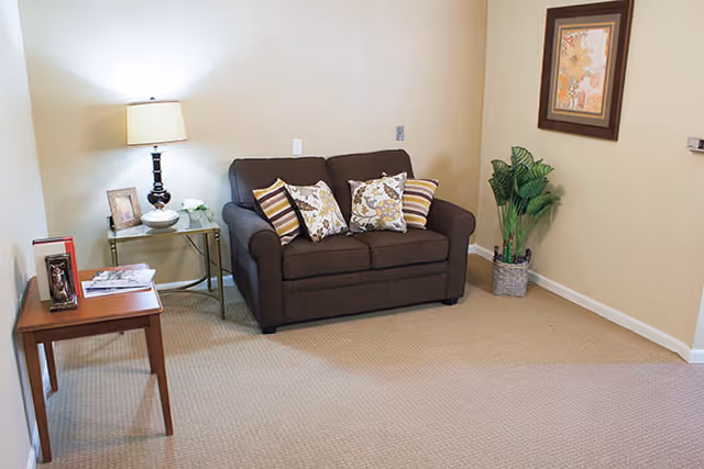 A small living room area with a dark brown loveseat adorned with four decorative pillows. To the left of the loveseat is a glass side table with a lamp, a framed photo, and a small flower arrangement. A wooden side table with books and a decorative item is positioned in the foreground. On the right side of the room, there is a potted plant and a framed artwork hanging on the beige wall. The floor is carpeted in a light beige color.