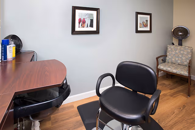 Interior of a small salon or grooming area with a black salon chair in the center, a wooden desk with hair care products on the left, a patterned armchair in the corner, and two framed pictures on a light gray wall.