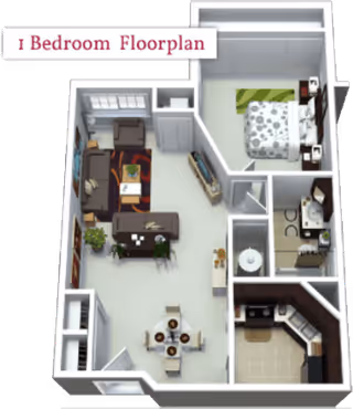 3D floor plan of a one-bedroom apartment showing a bedroom with a bed and nightstands, a bathroom with a sink and toilet, a kitchen with appliances and cabinets, a dining area with a round table and four chairs, and a living room with a sofa, armchair, coffee table, TV, and desk.