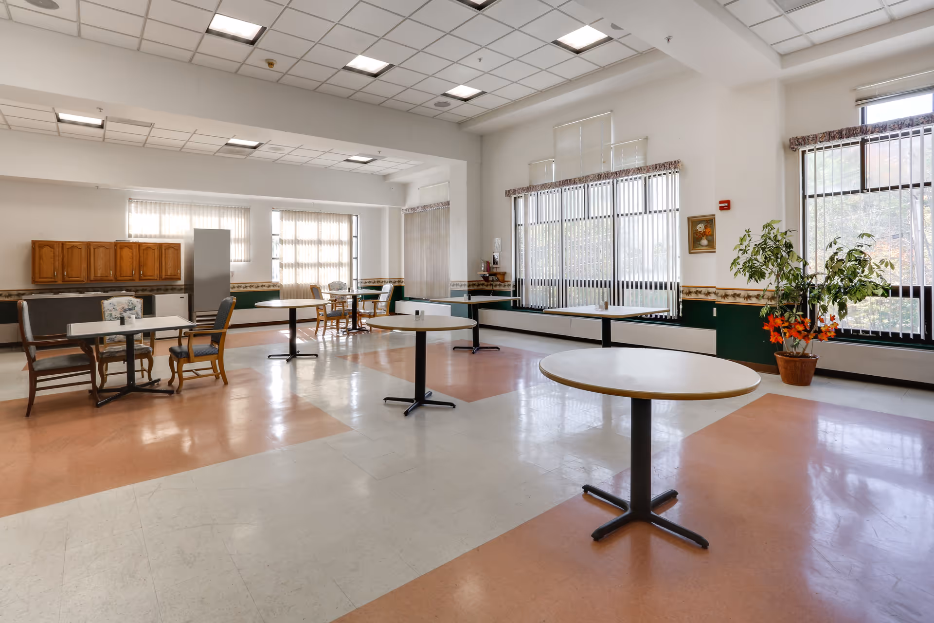 A spacious dining room with several round and rectangular tables and chairs arranged throughout. Large windows with vertical blinds allow natural light to fill the room. There are wooden cabinets and a refrigerator along one wall, and a potted plant with orange flowers near the windows. The floor has a pattern of light and darker tiles, and the ceiling features recessed lighting.