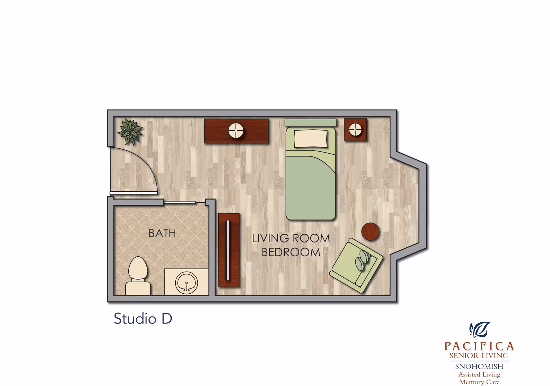 Floor plan of a studio apartment labeled Studio D, featuring a combined living room and bedroom area with a bed, chair, side tables, and a dresser, and a separate bathroom with a toilet and sink.
