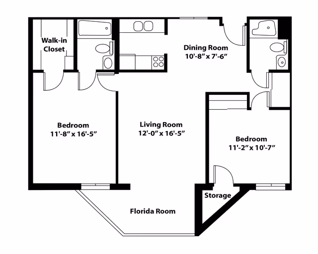 Floor plan of an apartment at Parkway Assisted Living and Memory Care showing two bedrooms, two bathrooms, a kitchen, dining room, living room, Florida room, walk-in closet, and storage area with dimensions labeled.