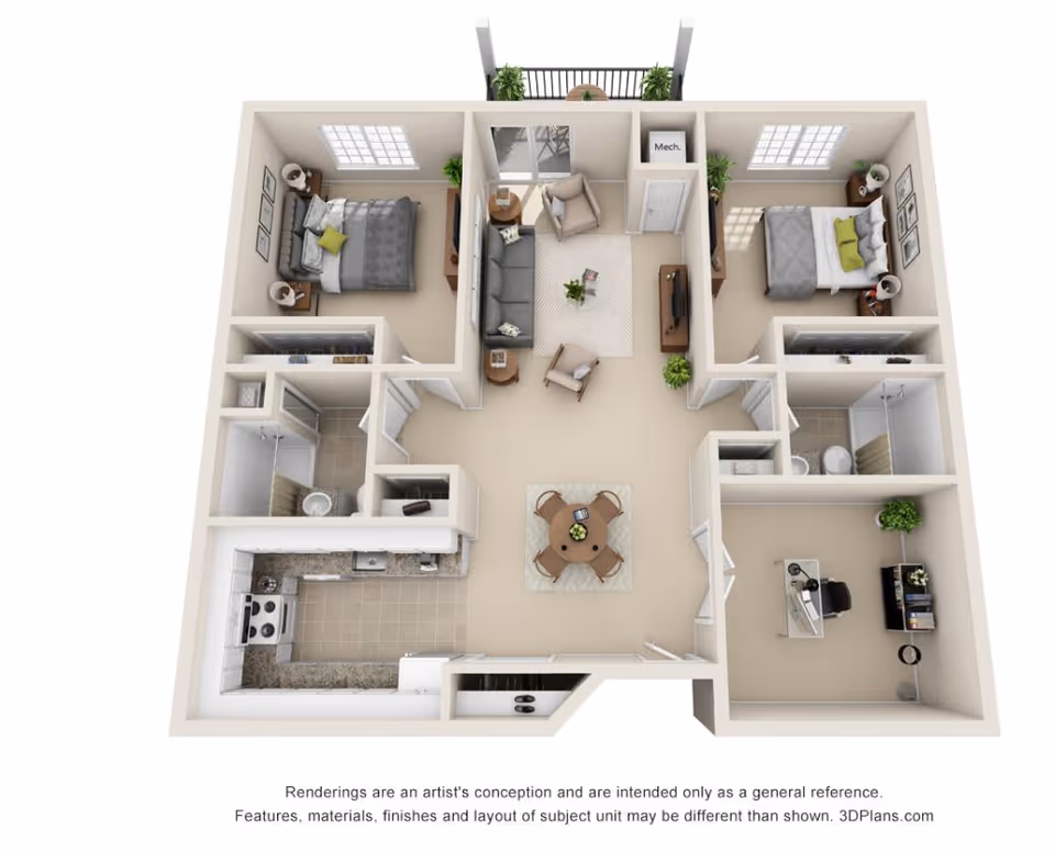 3D floor plan of a two-bedroom apartment featuring a living room with sofa and chairs, a dining area with a round table and four chairs, a kitchen with appliances and countertops, two bedrooms each with a bed and nightstands, two bathrooms with showers, and an office space with a desk and chair. There is also a small balcony accessible from the living room.