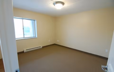 Empty carpeted room with beige walls, a window, ceiling light, and a baseboard heater.