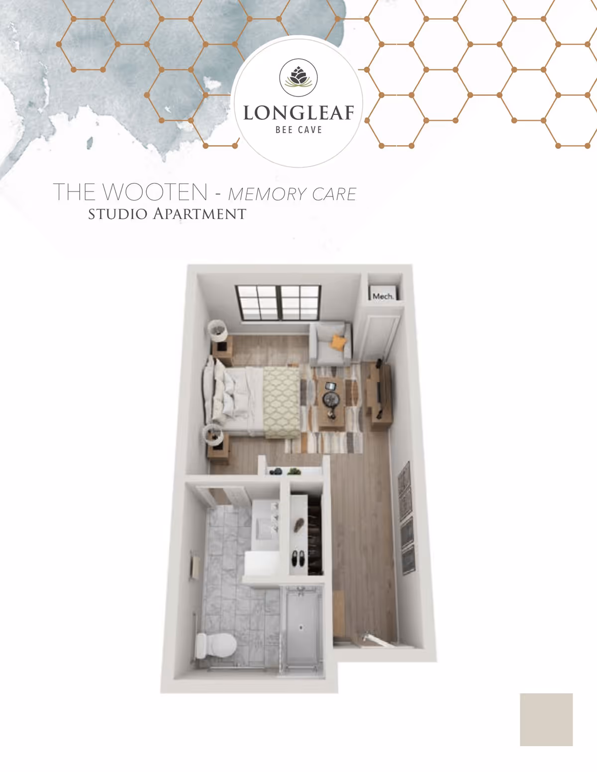 Overhead 3D floor plan rendering of a studio memory-care apartment showing a bed, seating area, TV, kitchenette/entry and bathroom, labeled for Longleaf Bee Cave.