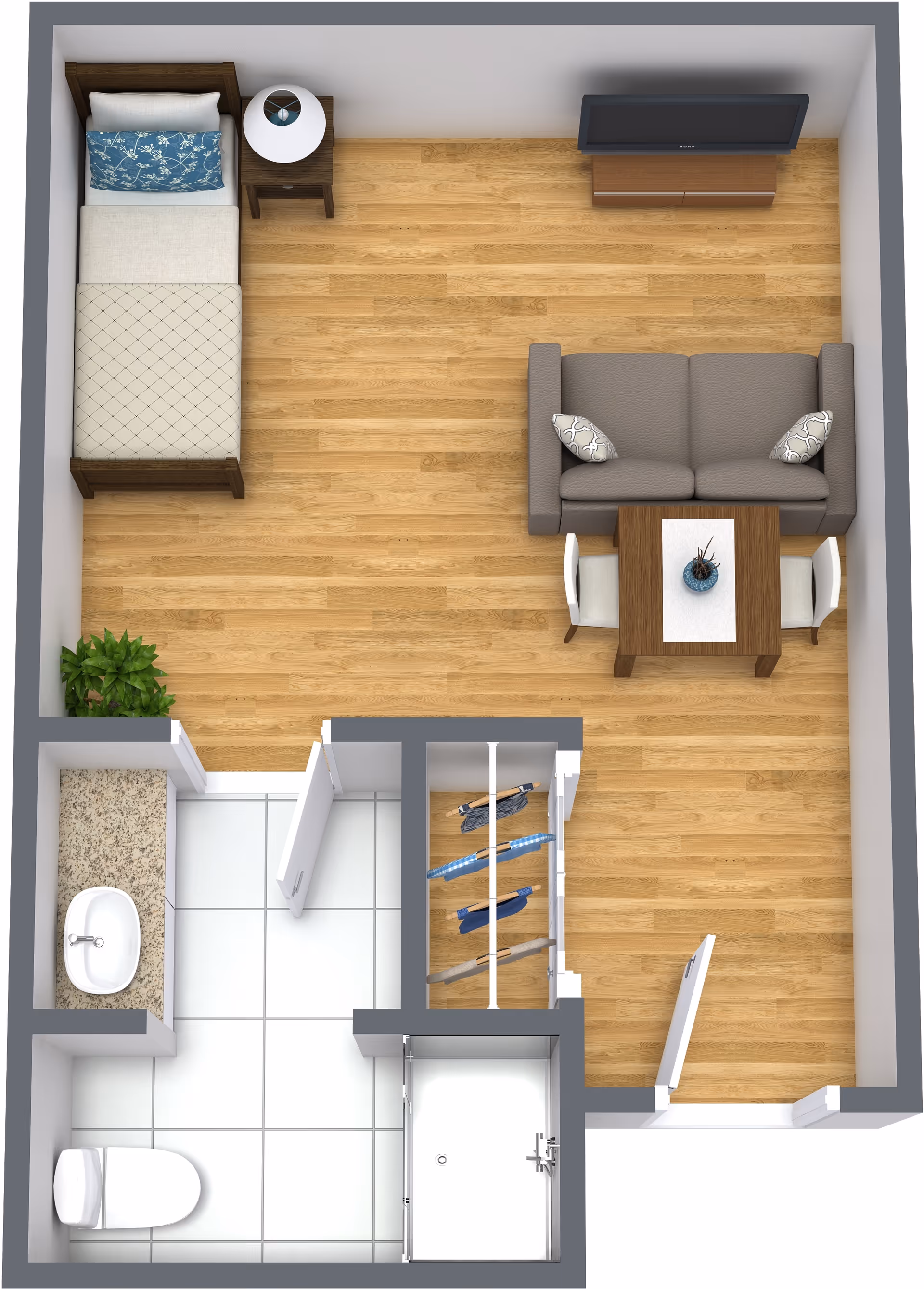 Top-down view of a small apartment layout with a bedroom area featuring a single bed, nightstand with lamp, and a plant. The living area has a sofa, coffee table with two chairs, and a TV on a stand. There is a closet with hanging clothes and a bathroom with a sink, toilet, and shower.