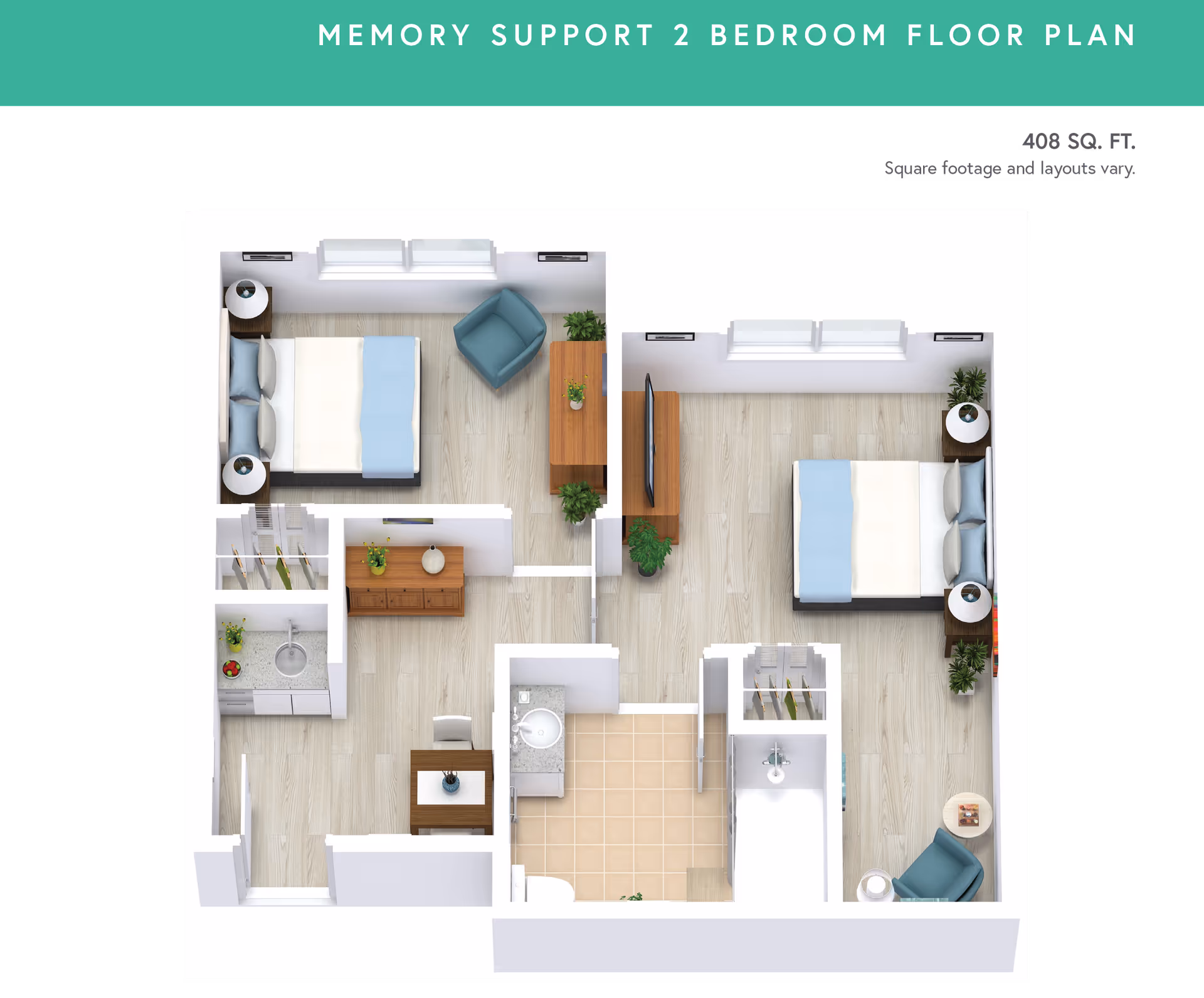 3D floor plan of a memory support 2 bedroom apartment with two bedrooms, a bathroom, and a small kitchenette area. Each bedroom has a bed, nightstands, and seating. The bathroom includes a sink, toilet, and shower. The layout shows wood flooring in the bedrooms and tile flooring in the bathroom.