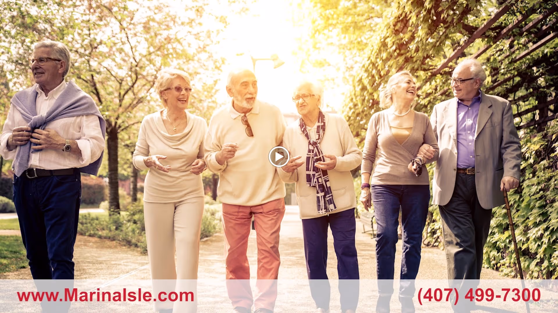 A group of six elderly people walking and talking together outdoors on a sunny day along a tree-lined path, smiling and enjoying each other's company.
