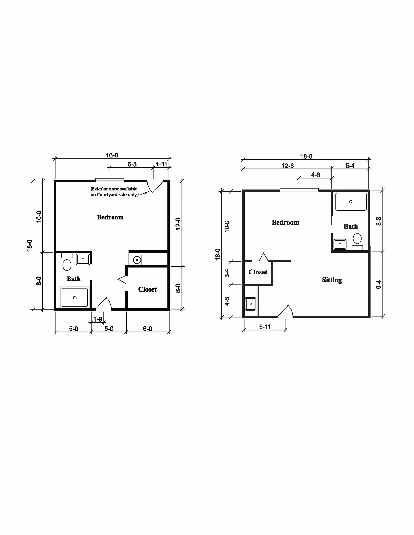 Architectural floor plans showing two different layouts of a bedroom with attached bath and closet. The left plan includes an exterior door on the courtyard side, while the right plan includes a sitting area adjacent to the bedroom.