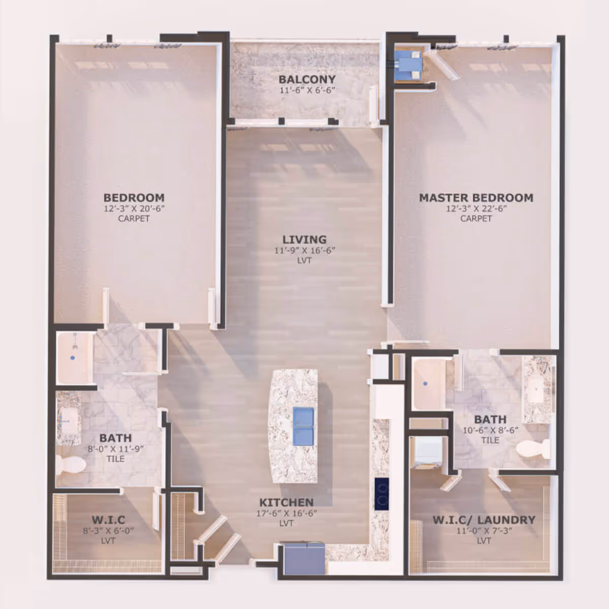Floor plan of a two-bedroom apartment featuring a master bedroom with an attached bathroom and walk-in closet/laundry, a second bedroom with an adjacent bathroom and walk-in closet, a kitchen with an island, a living area, and a balcony.