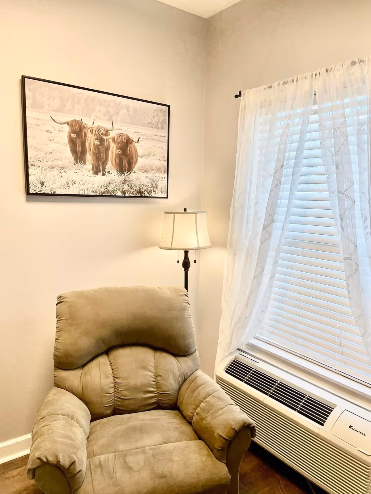 Beige recliner beside a floor lamp and a window with blinds and an air conditioner, with a framed painting of three cows on the wall.