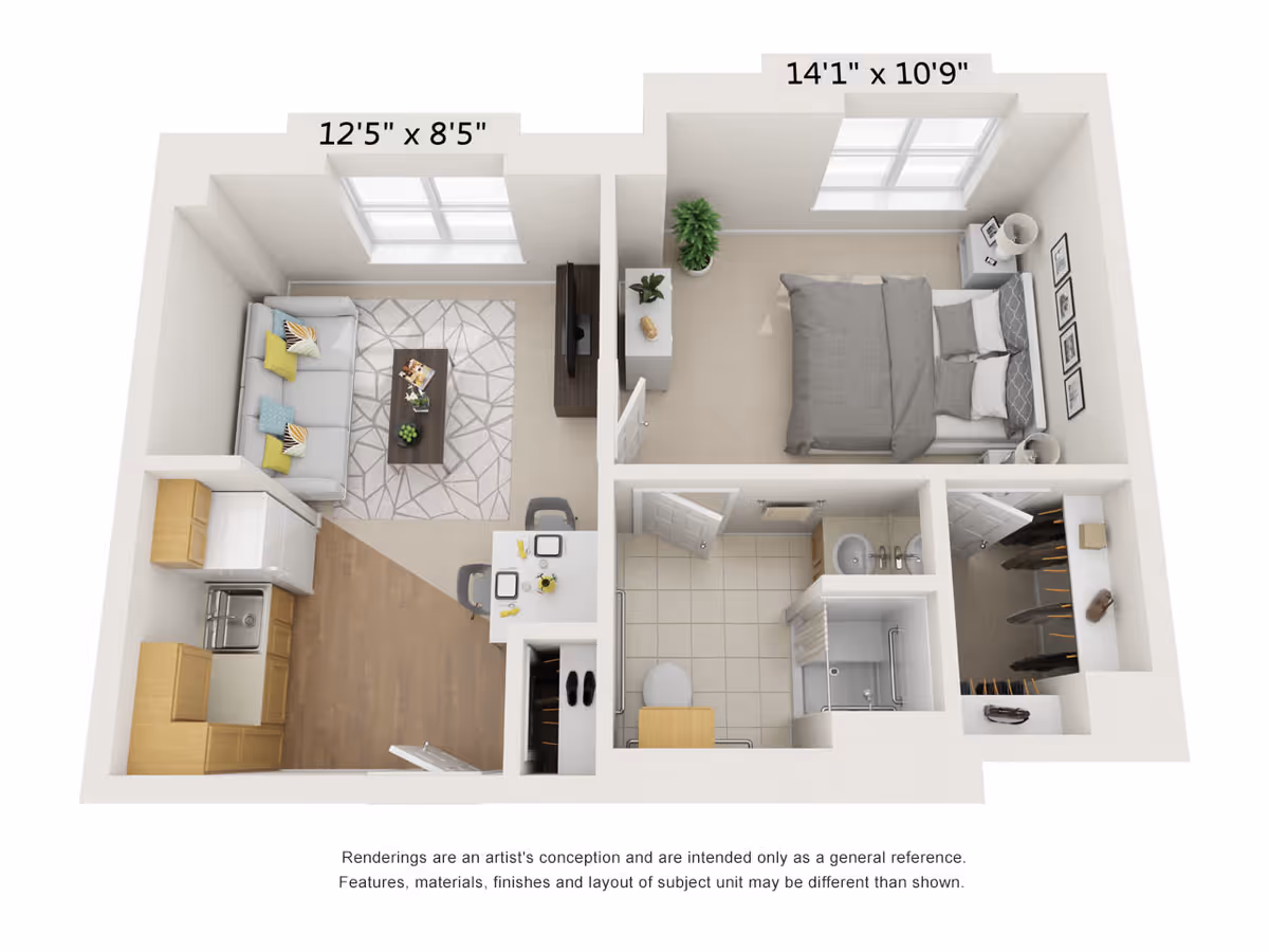 3D floor plan of a senior living apartment unit showing a living room with a sofa, coffee table, and TV, a kitchen area with cabinets and appliances, a bedroom with a bed and nightstands, a bathroom with a shower, toilet, and sink, and a walk-in closet. Dimensions for the living room and bedroom are labeled.