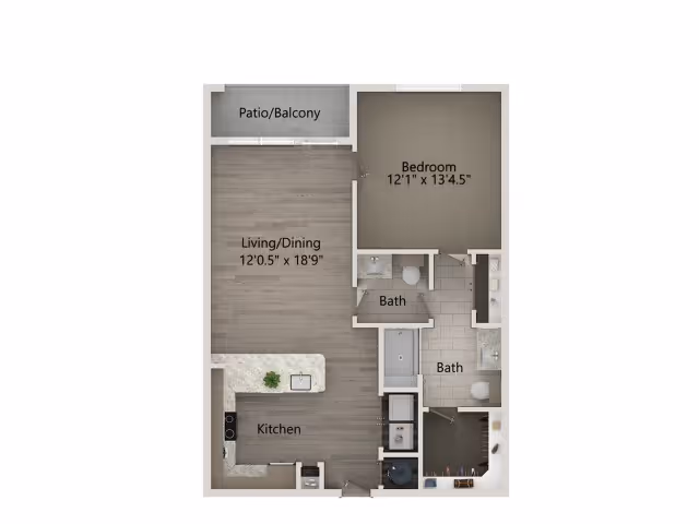 Floor plan of a one-bedroom apartment at Overture Chapel Hill showing a bedroom, two bathrooms, a kitchen, a combined living and dining area, and a patio/balcony.