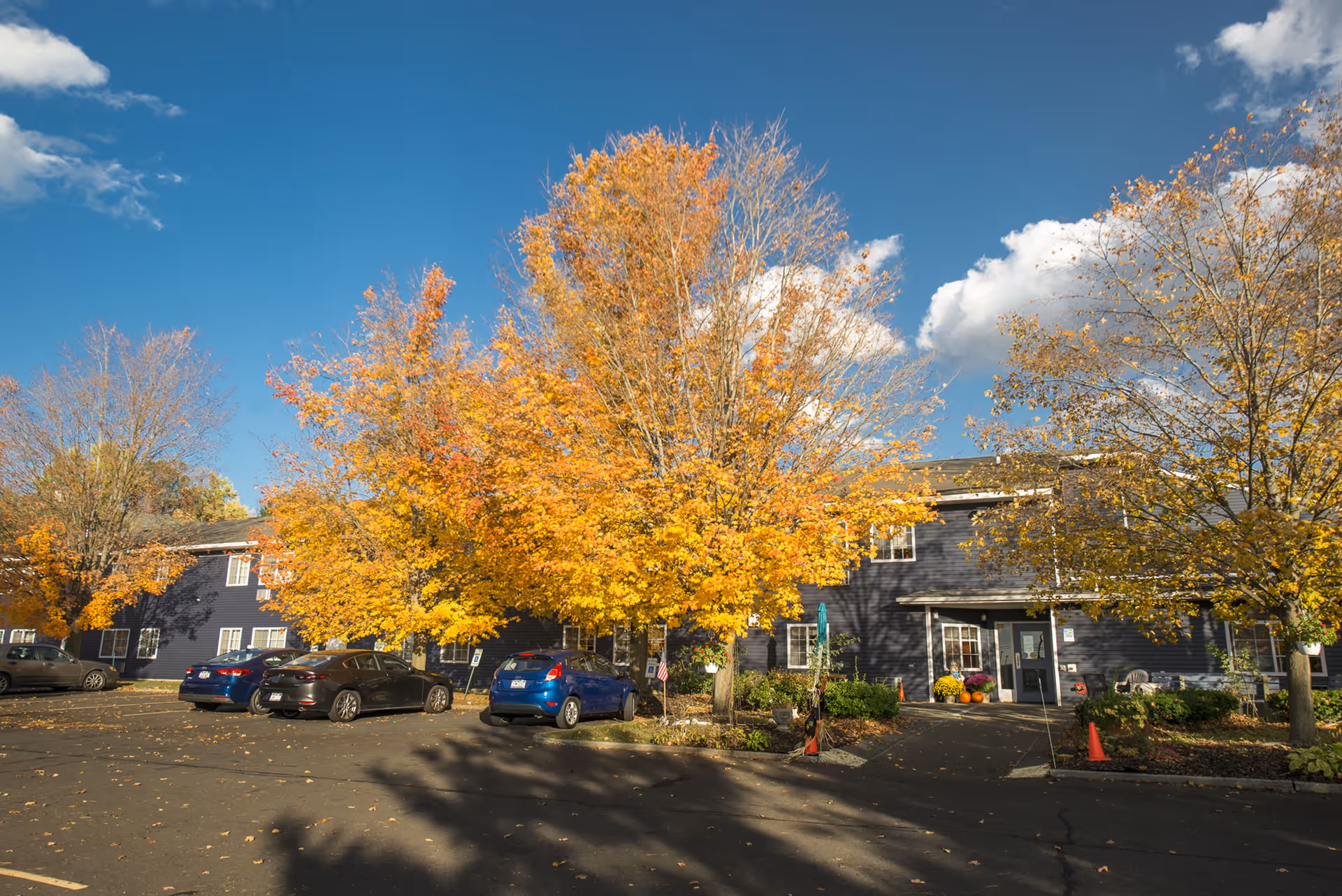 Exterior view of a senior living apartment building with autumn trees and several parked cars.