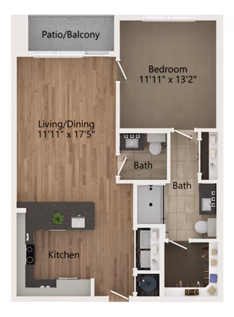 Floor plan of a one-bedroom apartment at Overture Tributary showing a living/dining area, kitchen, bedroom, two bathrooms, a patio/balcony, and a closet.