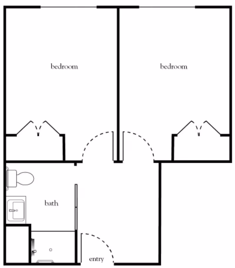 Floor plan showing two bedrooms, a bathroom with a toilet, sink, and shower, and an entry area.